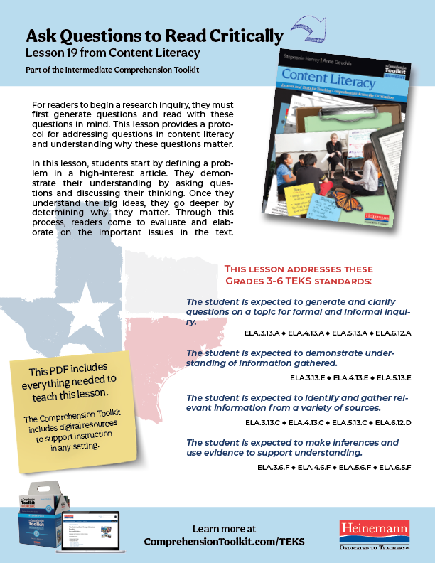 Ask Questions to Read Critically. Lesson 19 from Content Literacy.