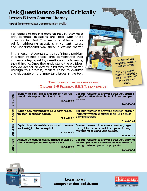 Comprehension Toolkit Florida BEST Lesson Cover